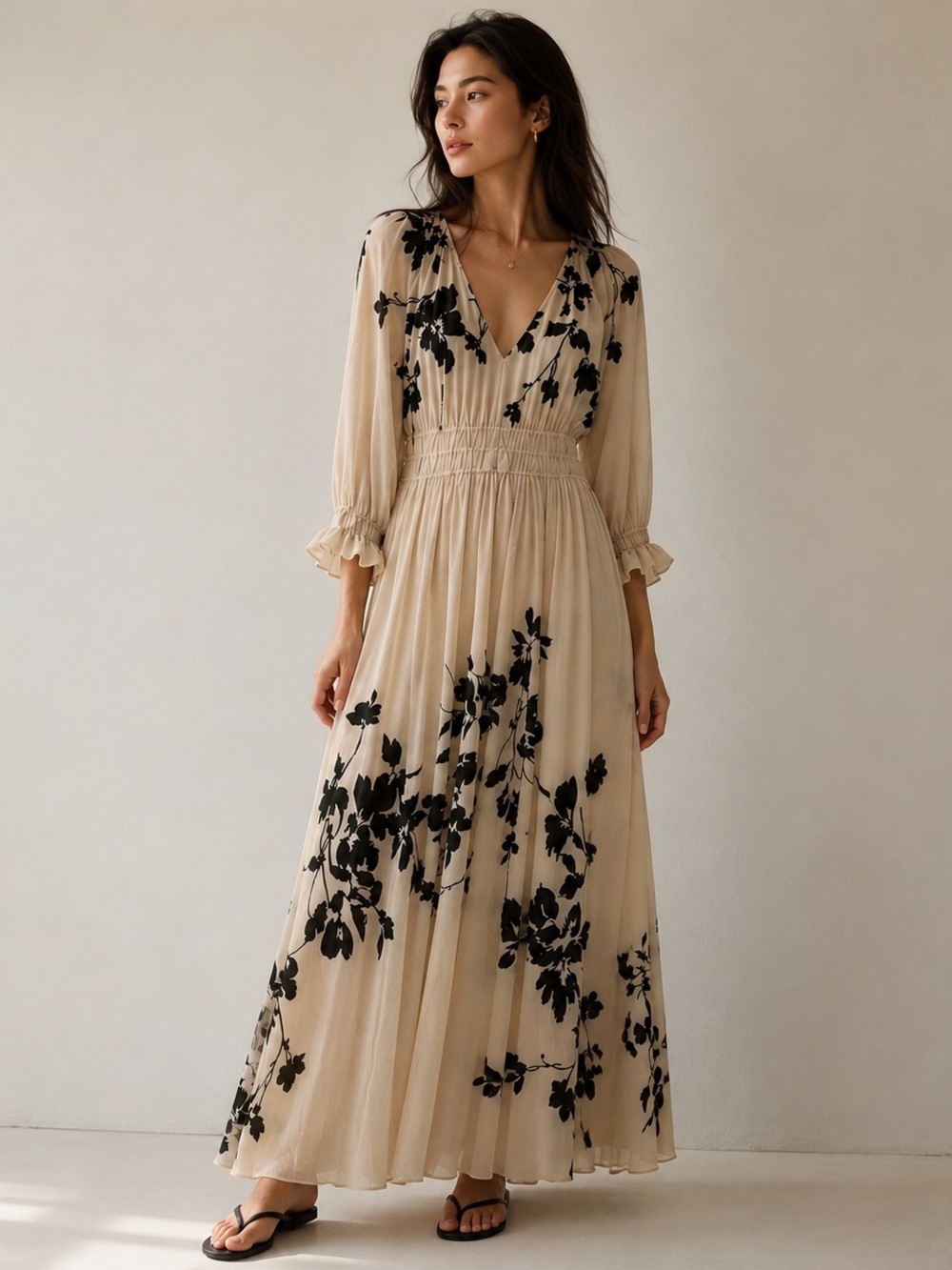 Taylor Beige/Black Floral Chiffon Maxi Dress V-Neck Smocked Lined, Size 8